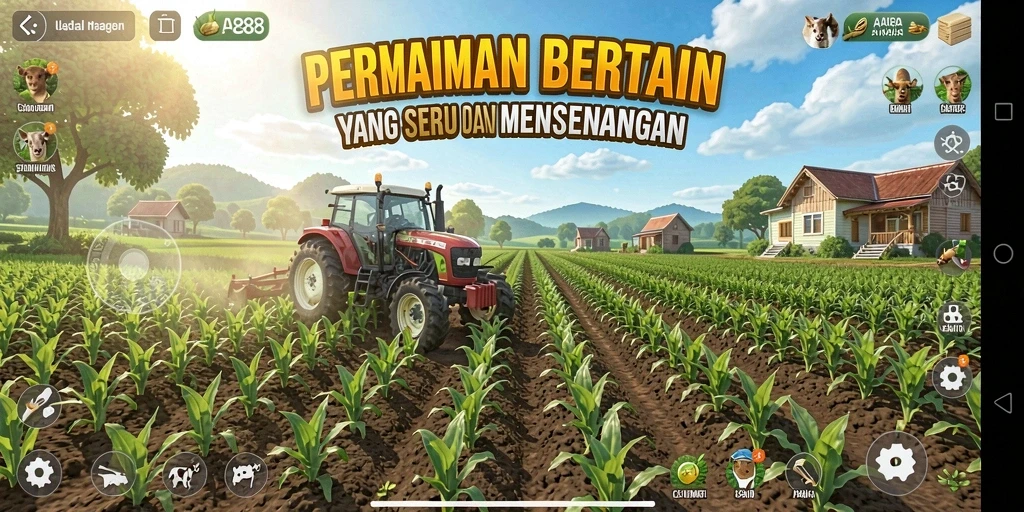 Tangkapan layar menunjukkan gameplay bertani yang menarik dan interaksi dengan hewan ternak.