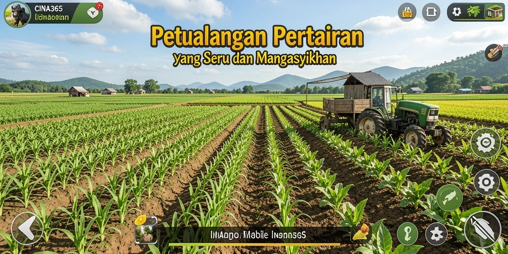 Screenshot gameplay CINA365 menunjukkan petualangan pertanian yang penuh warna dan interaksi.