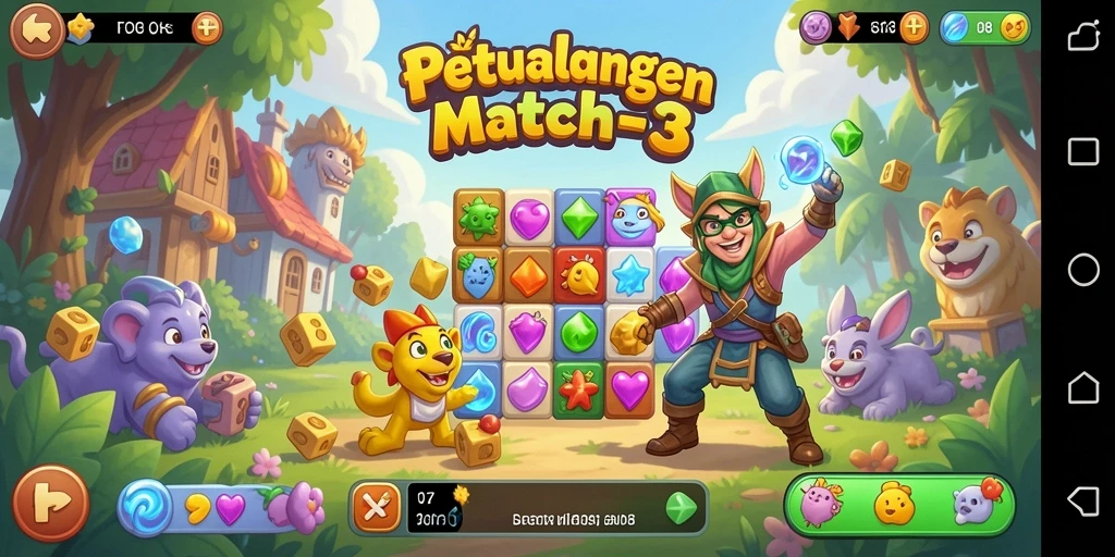 Screenshot utama FO8 menampilkan gameplay Match-3 yang seru.