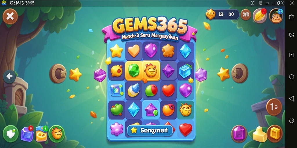 Screenshot GEMS365 menampilkan gameplay seru di dunia Match-3.