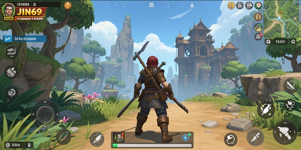 Screenshot gameplay JIN69 menampilkan eksplorasi dunia terbuka yang luas.