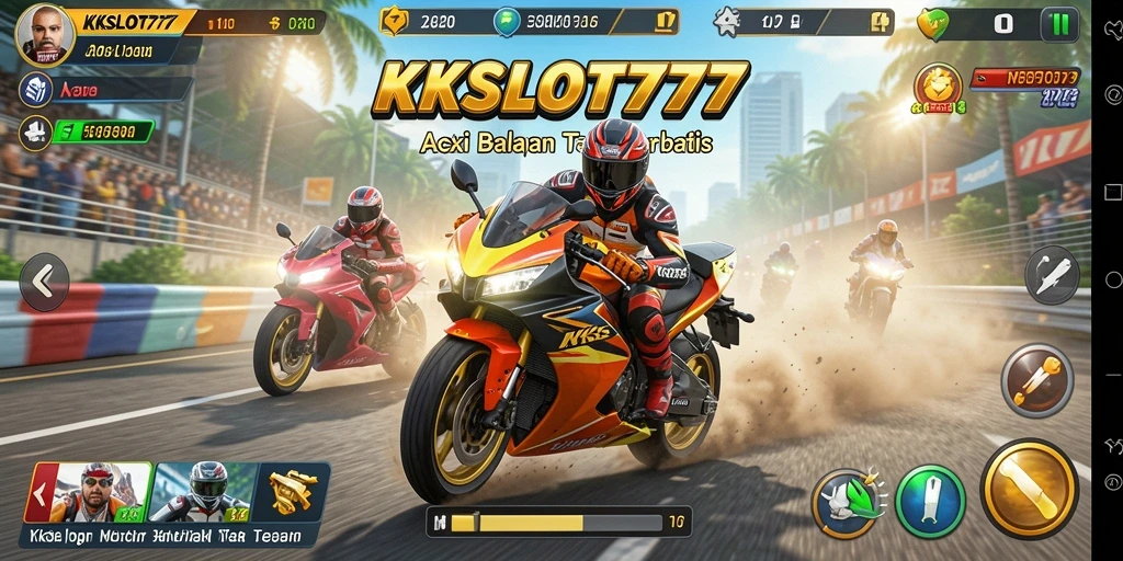 Screenshot KKSLOT777 menampilkan aksi balapan motor di trek yang menantang.
