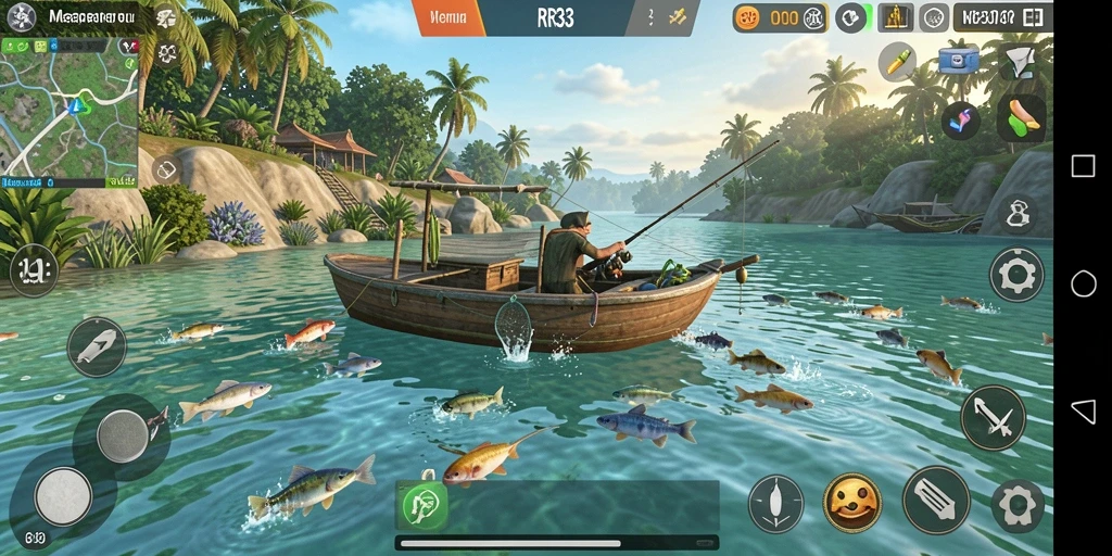 Screenshot gameplay RR33 menunjukkan aksi memancing yang seru.